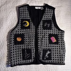 Vintage 90s Victoria Jones Halloween Vest Womens Large Black White Check Patches